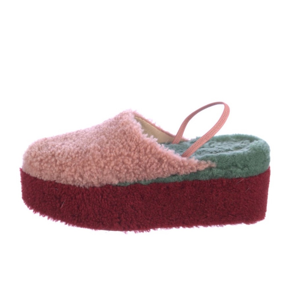 Fendi Pink and Red Shearling Platform Mules